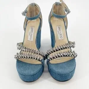 クリスタル★Jimmy Choo BING 120 ウェッジサンダル DENIM クリスタル☆Jimmy Choo BING 120 ウェッジサンダル DENIM